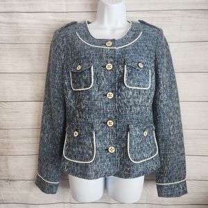 Vintage Cache Womens Multi Pocket Jacket 10 Blue Metallic Woven Tweed Blend